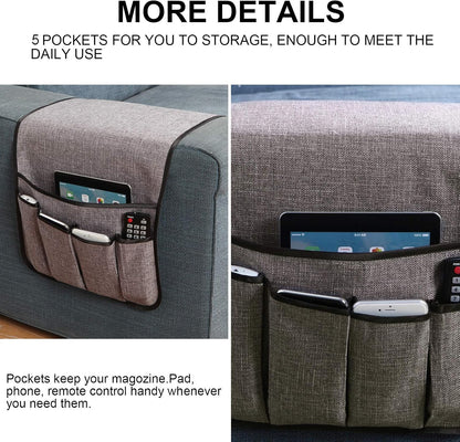 Sofa Armrest Organizer Non-Slip Remote Control Holders for Recliner Couch Chair Armchair Caddy with 5 Pockets for Table,Cell Phone,Ipad,Magazines,Books (Black, 13 x 35 Inch)
