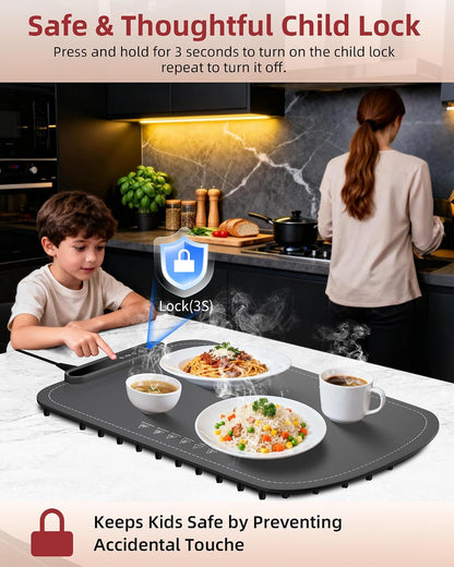 Warming Mat for Food, Upgraded Fast-Heating Electric Warming Tray with 7 Temp Levels & 8 Timers, Buffet Raised Feet & Rollable Silicone Heat Pad, Portable Food Warmer for Home, Party & Travel (Blue)
