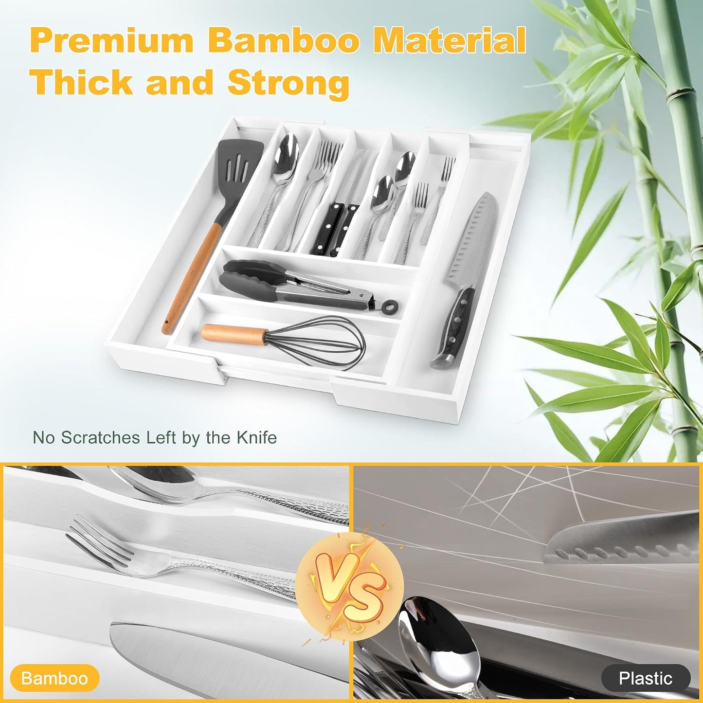 Expandable Bamboo Kitchen Drawer Organizer for Cutlery and Utensils, Adjustable Bamboo Wood Cutlery Tray in Drawer for Flatware and Silverware in Kitchen, (Natural)