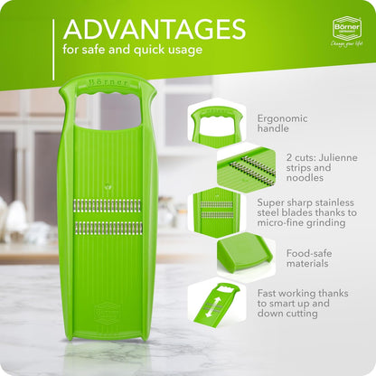 Börner Roko PowerLine Vegetable Slicer Set (2-piece) • Fine Julienne Cutter for Fruit and Vegetables + Safety Guard • Julienne Slicer • Mandoline Slicer Set • Kitchen Slicer (Red)