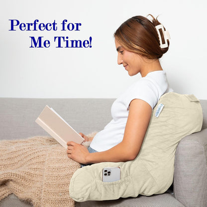 Reading Pillow for Bed with Arms Pockets for Adults, Large Grey | Bed Pillow for Sitting Up for Nursing, Breast Feeding, Bedrest or Relief from GERD or Heartburn; Removable, Washable Cover