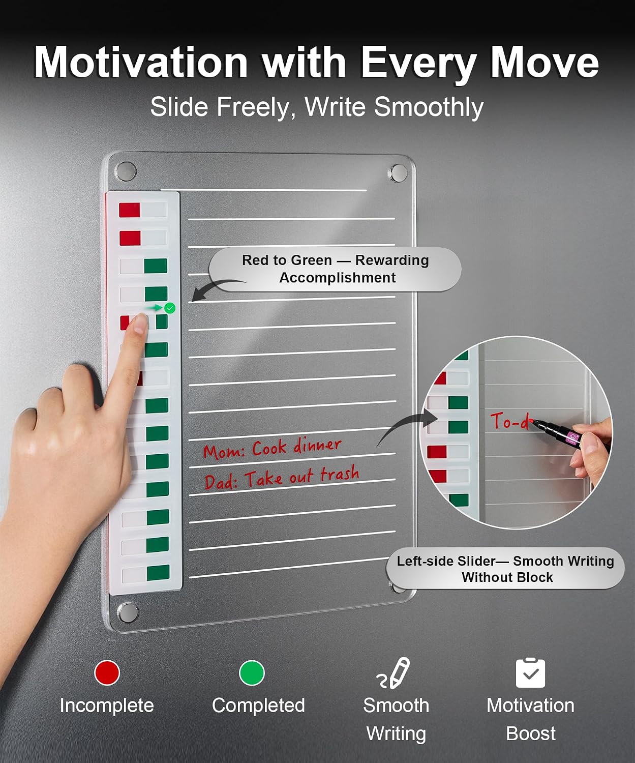 Magnetic Acrylic Dry Erase Board for Fridge, to Do List White Board with Sliding Buttons, 12"X10" Clear Chore Chart for Adults, Reusable Refrigerator Whiteboard Includes 5 Markers