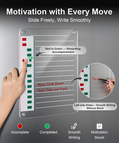 Magnetic Acrylic Dry Erase Board for Fridge, to Do List White Board with Sliding Buttons, 12"X10" Clear Chore Chart for Adults, Reusable Refrigerator Whiteboard Includes 5 Markers