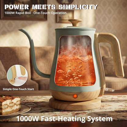 Gooseneck Electric Kettle, 0.8 L, 1000 W, Auto Shut-Off, Light Green | Compact 0.8 L Kettle With Stainless Steel Interior, Gooseneck Pour, Wood-Grain Handle, Auto Shut-Off And Boil-Dry Protection