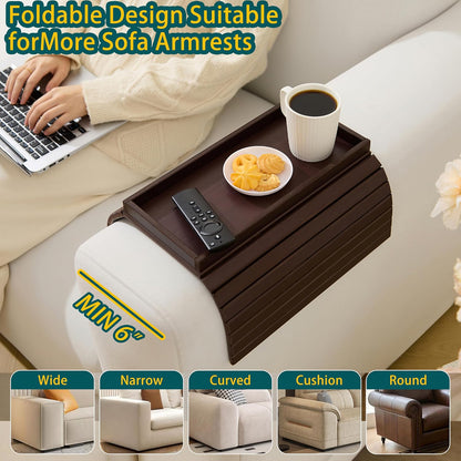 Bamboo Couch Arm Tray Table，Foldable Sofa Armrest Tray Table for Couch，Flexible and Anti-Slip Couch Arm Cup Holder，Portable Sofa Arm Chair Table for Drink,Cups, Eats，Snacks, Phone, Remote