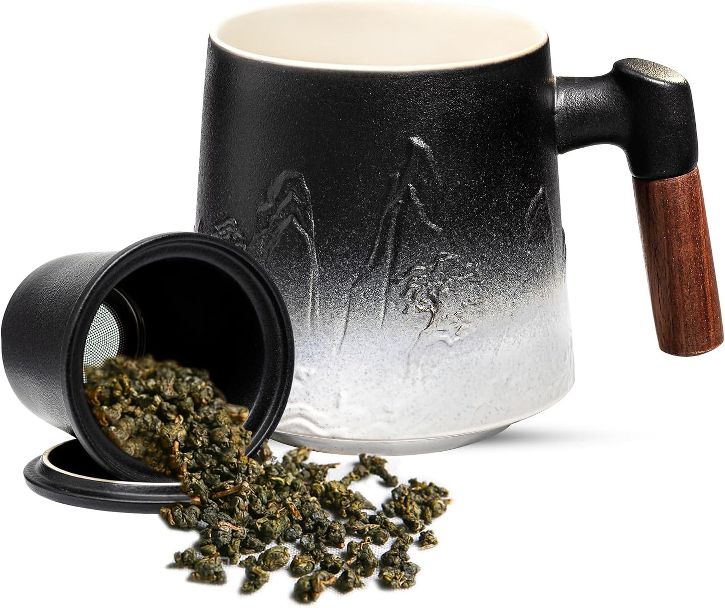 suyika Tea Cup with Infuser and Lid, 15.2 Ounce Wood Handle Ceramic Loose Leaf Mug Gradient Black&Green 450ml