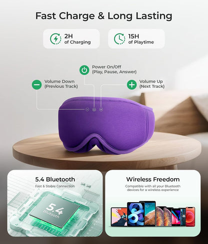 MUSICOZY Sleep Mask Headphones with Bluetooth Wireless Eye Masks Earphones | 3D Blackout Eyemask with Music Headphone for Side Sleepers, Hi-Fi Sound＆Long Battery Life Sleeping Earbuds for Travel Rest