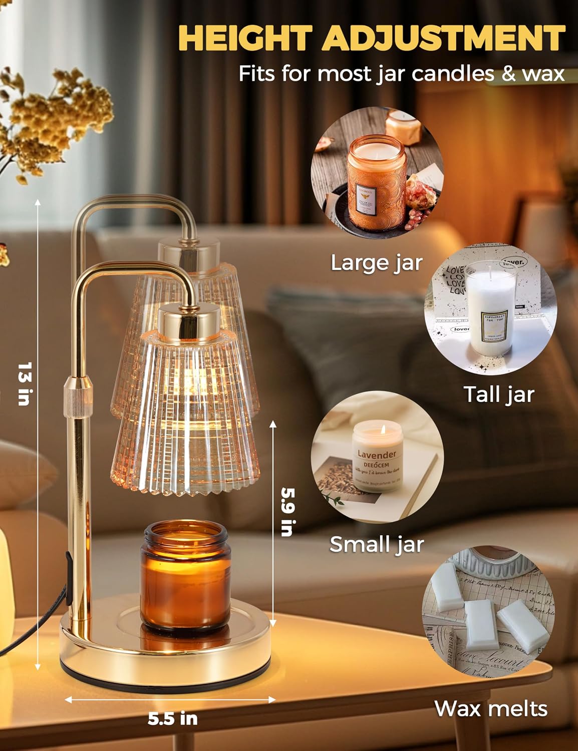 Silver Gray Candle Warmer Lamp with 24h Cycle Timer, Dimmable Wax Warmer