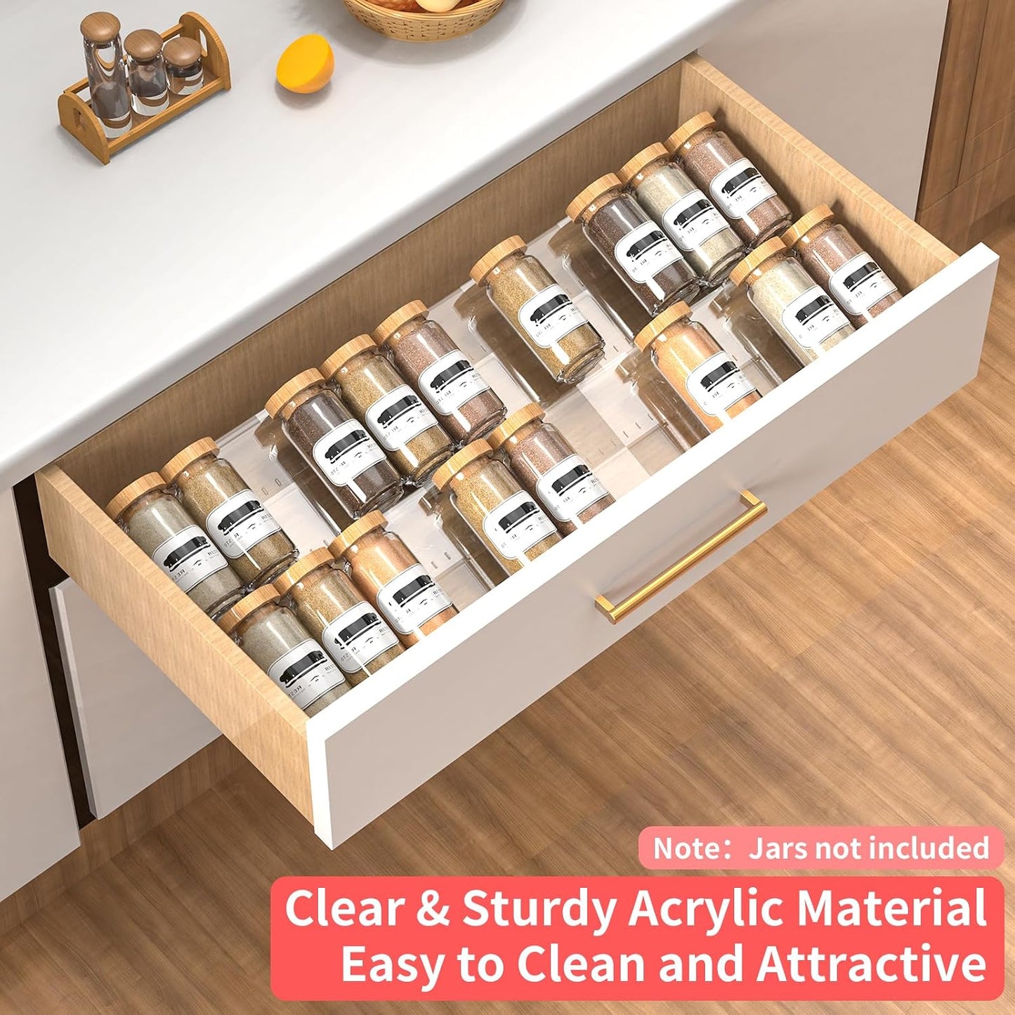 4-Tier Non-Slip Spice Drawer Organizer, 4-Pack Checkered Frosted Clear Acrylic, Expandable (11''-22'') Spice Rack for Kitchen Drawer Storage – Holds Seasonings, Herbs, and Spices (Jars Not Included)