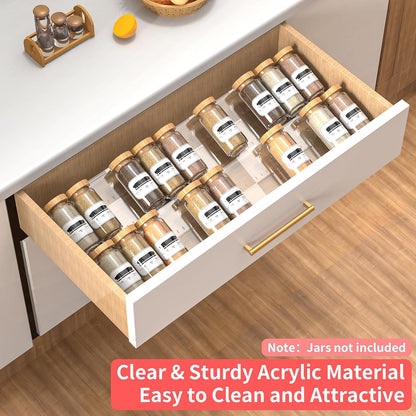 4-Tier Non-Slip Spice Drawer Organizer, 4-Pack Checkered Frosted Clear Acrylic, Expandable (11''-22'') Spice Rack for Kitchen Drawer Storage – Holds Seasonings, Herbs, and Spices (Jars Not Included)