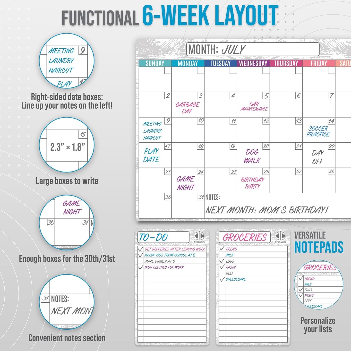Dry Erase Magnetic Calendar for Refrigerator 16.5x13; 2 Wide Notepads; 4 Markers; Eraser - No Stain Monthly Fridge Calendar Whiteboard