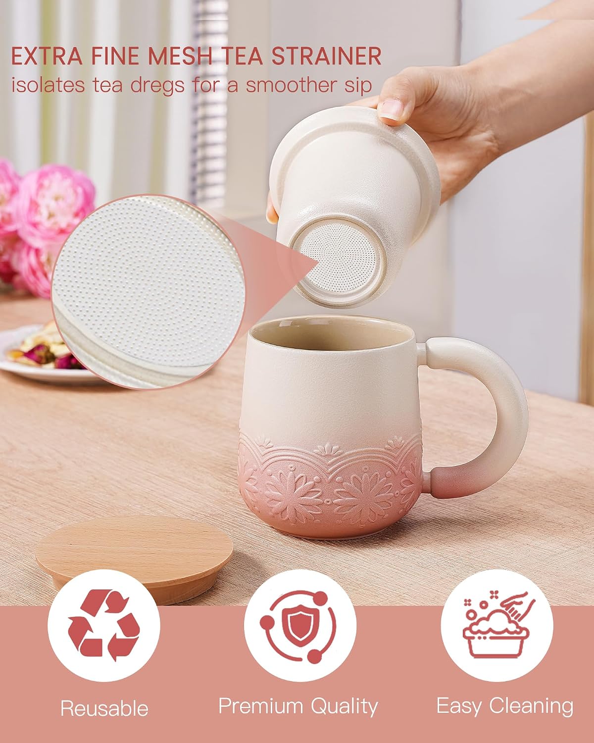ZENS Tea Mug with Infuser and Lid for Loose Tea Diffusers, 12oz Purple | Embossed Ceramic Tea Cup with Infuser for Herbal Tea Steeper, Tea Lovers Gifts, Japandi Style Sunflower
