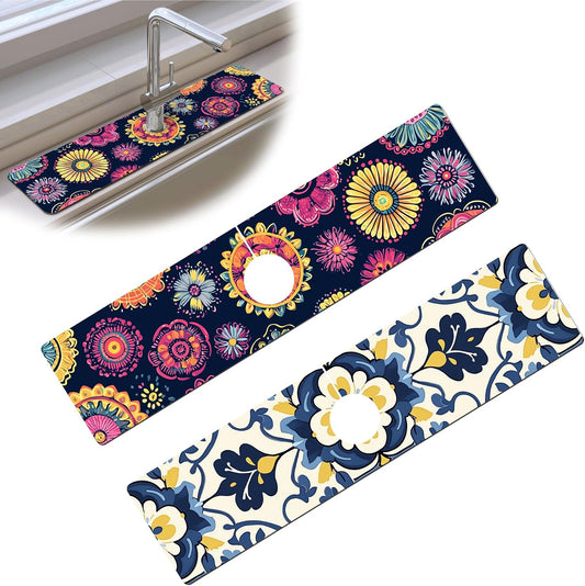 Bimkole 2 PCS Faucet Absorbent Mat, Kitchen Faucet Sink Splash Guard Wraparound Cloth Pads Drip Catcher for Sink Faucet for Kitchen Bathroom Faucet, Colorful Faucet Mat, 15 x 4 Inch Flower A6