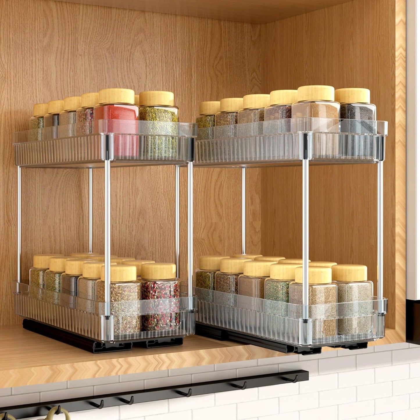 Pull Out Spice Rack Organizer for Cabinet, 3 Packs Slide Out Spice Racks Organizer, Spice Cabinet Organizers, Cabinet Size Need:12'' Highx11'' Deepx5'' Wide,Each Tier Hold 10 Spice Jar - 2 Tier, Black