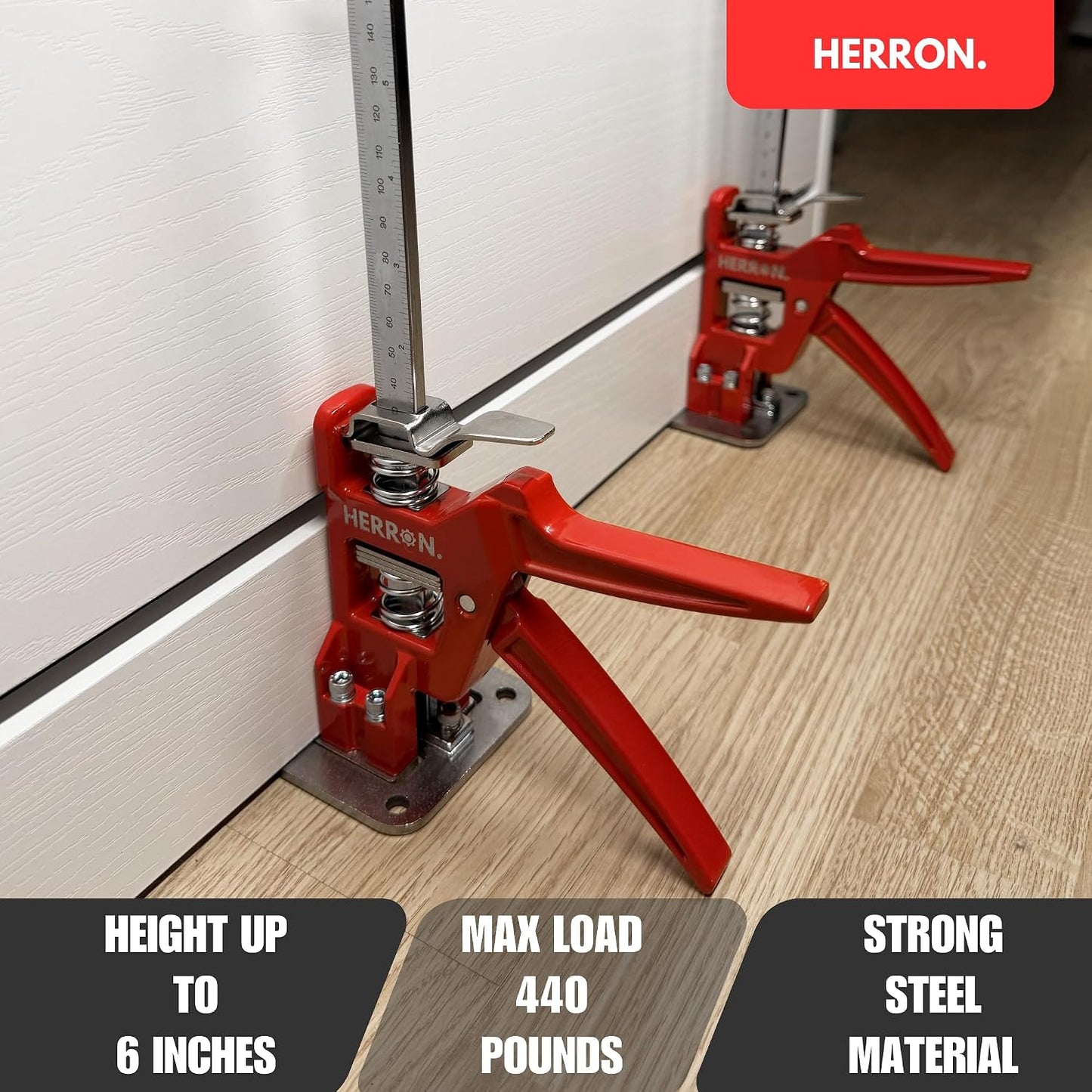 HERRON Labor Saving Arm Jack 2-Pack, 440 lbs Cabinet Lifter, 6 inch Lift | Built-in measuring scale, all-steel construction, one-hand pump operation, for cabinets, doors, drywall and flooring