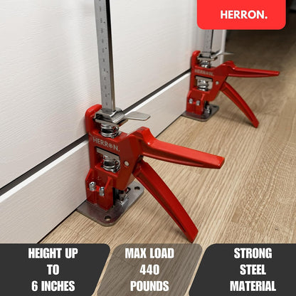 HERRON Labor Saving Arm Jack 2-Pack, 440 lbs Cabinet Lifter, 6 inch Lift | Built-in measuring scale, all-steel construction, one-hand pump operation, for cabinets, doors, drywall and flooring