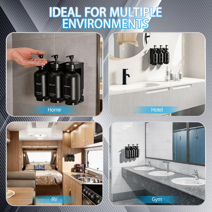 Shampoo and Conditioner Dispenser, Wall-Mounted 3-Bottle Set | 3 Refillable PET Bottles with Waterproof Labels, Adhesive and Screws for Bathrooms, Showers, Hotels, Vacation Rentals and RVs