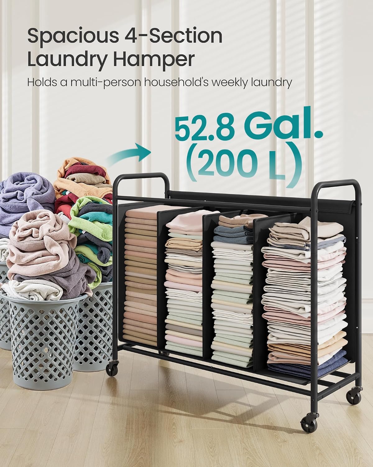 SONGMICS 2-Section Laundry Sorter, Laundry Hamper with Wheels, Rolling Clothes Hamper Cart with Large Capacity and Removable Bags, for Laundry Room, Bedroom, Bathroom, Ink Black URLS210B01 | Rolling Clothes Hamper Cart, Large Capacity, for Laundry Room,