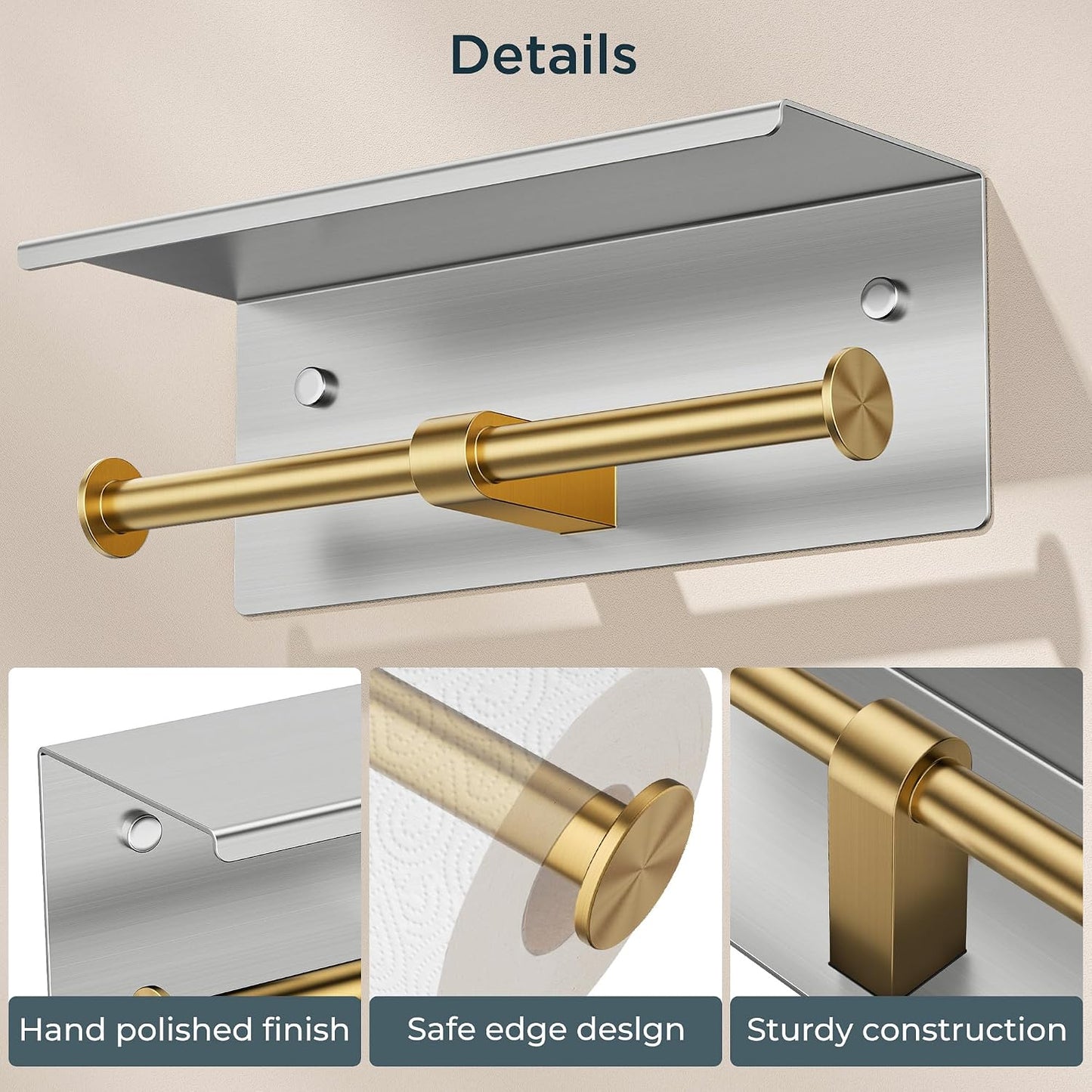 FORIOUS Toilet Paper Holder with Shelf, Commercial Toilet Paper Dispensers | Brushed Nickel | Wall Mount Bathroom Tissue Holder | SUS304 Stainless Steel Rustproof | Double Tissue Roll Holder