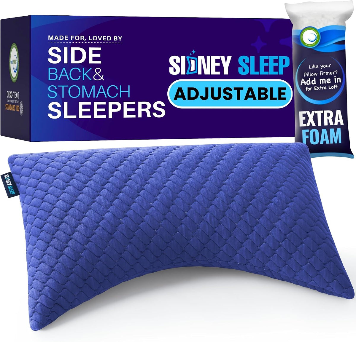 Sidney Sleep Adjustable Curved Pillows for Neck and Shoulder Support with Extra Shredded Fill - Cervical Contour Pillow for Side and Back Sleepers - Queen Size 19" x 29" CertiPUR-US Certified (White)