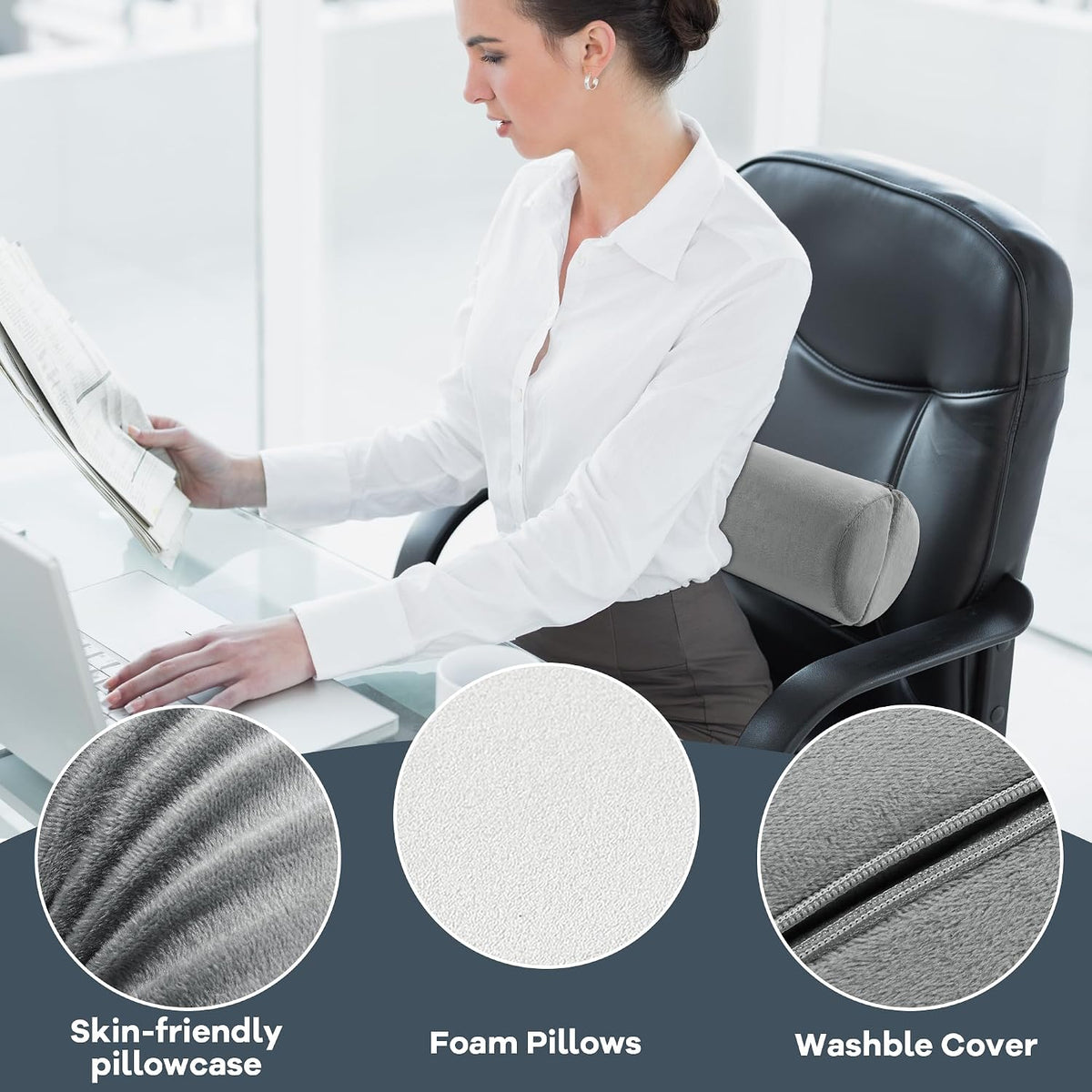 ROYALAY Neck Pillow for Sleeping Round Roll Pillow Including 2 Pack Half Moon Cervical Pillow, Foam Roll Pillow for Pain Reduce, Washable Bolster Pillow for Head Neck Back and Legs, Black