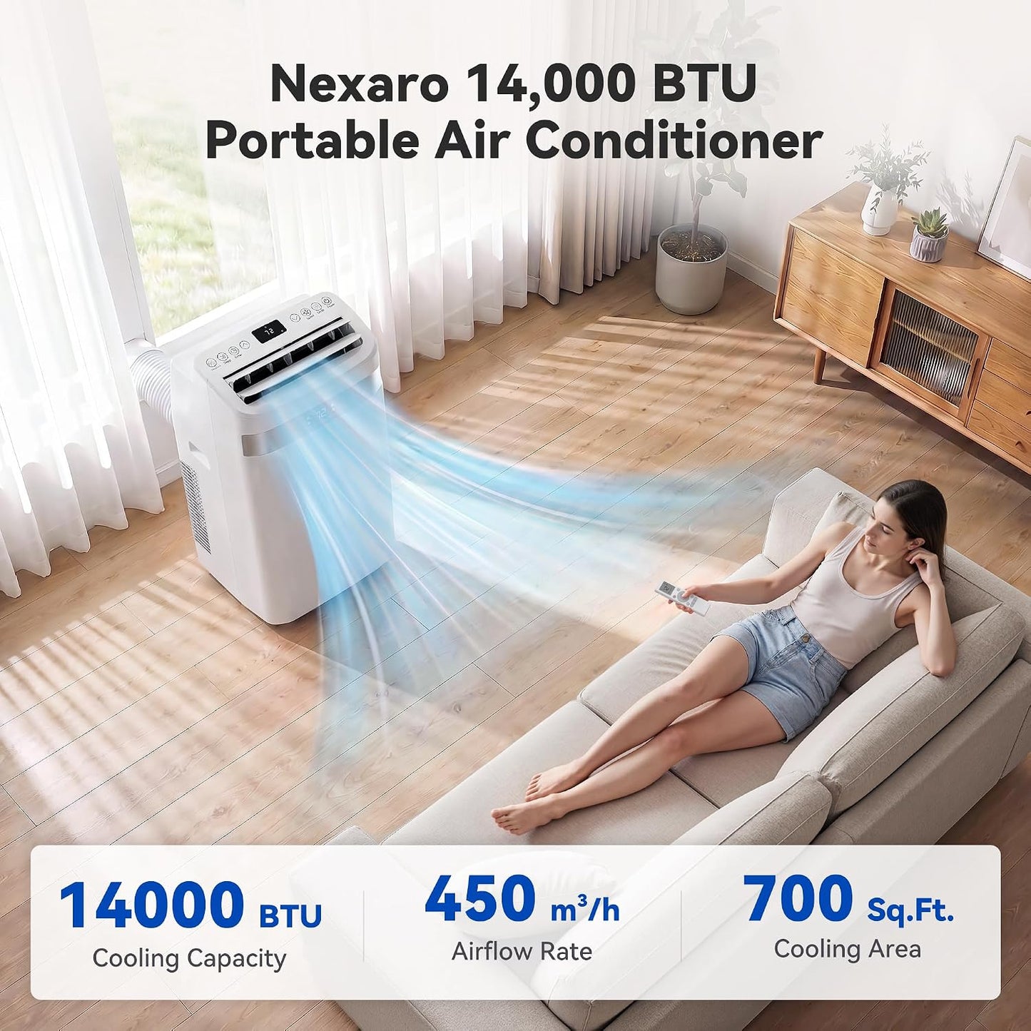 14000BTU Portable Air Conditioner, 4-in-1 700 Sq. Ft, Quiet for room | 14000BTU AC cools 700sq.ft, 4-in-1 cool/fan/dry/sleep, quiet, LED, remote, 24H timer, kit, for bed/office/dorm.