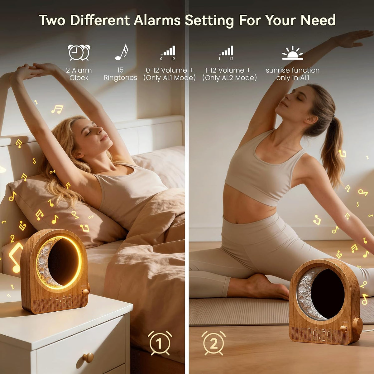 blonbar Sunrise Alarm Clocks for Bedrooms, Stepless Dimmable Moon Lamp Dual Alarm Clock with 12Levels Volume for Heavy Sleepers, 10 Natural Sounds with 30/60/90mins Timer, Gifts for Women