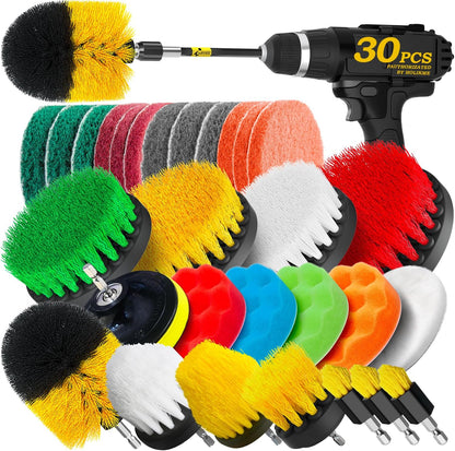 Holikme 30Piece Drill Brush Attachment Set - Power Scrubber Cleaning Kit | Buffing Sponges, Nylon Grout Tools, Tile Bathtub Shower Floors Kitchen Car Interior Detailing, Cleaning Supplies