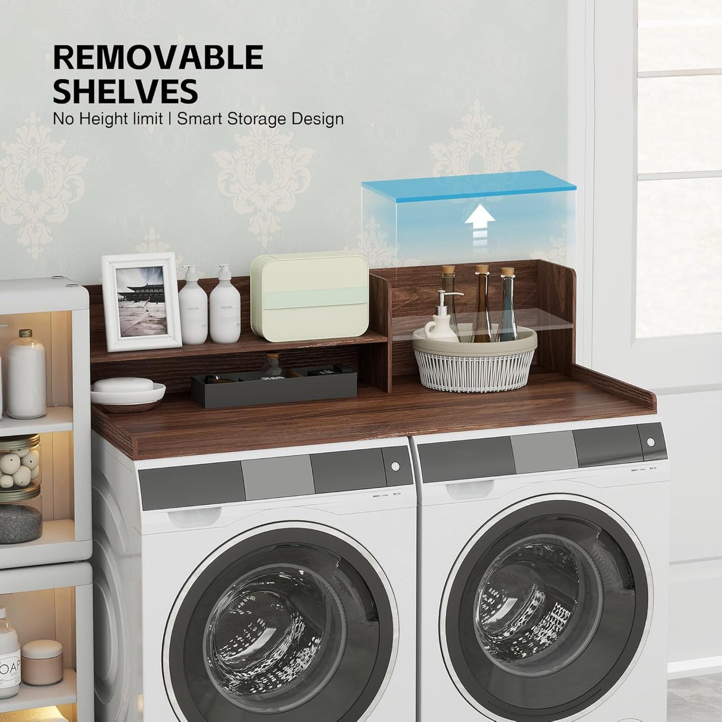 2 Tier Wooden Washer Dryer Topper, Large Laundry Countertop Cover, Walnut | Washer And Dryer Topper Non-Slip Pads,Over Washer And Dryer Shelves For Clothes Folding,Space Saving Laundry Room Organizer