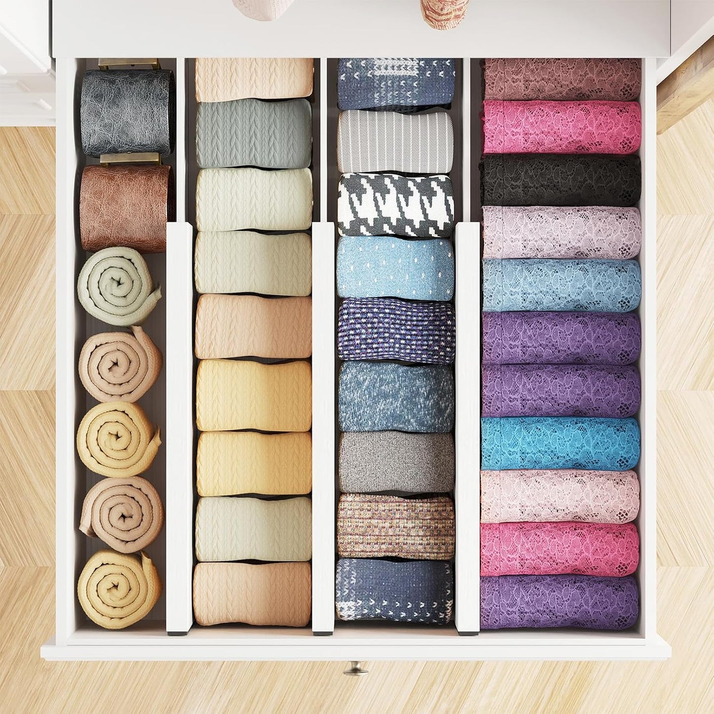 SpaceAid Bamboo Dresser Drawer Dividers 6 Pack, 4.65“ High Adjustable 12.5“-17” Drawer Organizers, Expandable Organization for Clothing, Clothes, Dressers, Natural