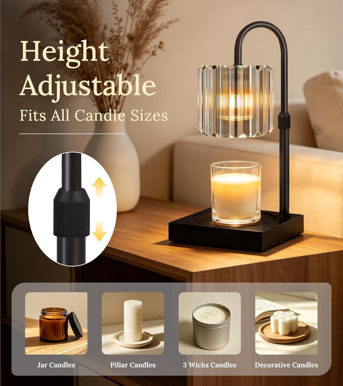 TigQiang Crystal Candle Warmer Lamp with Timer, Adjustable Height, Clear