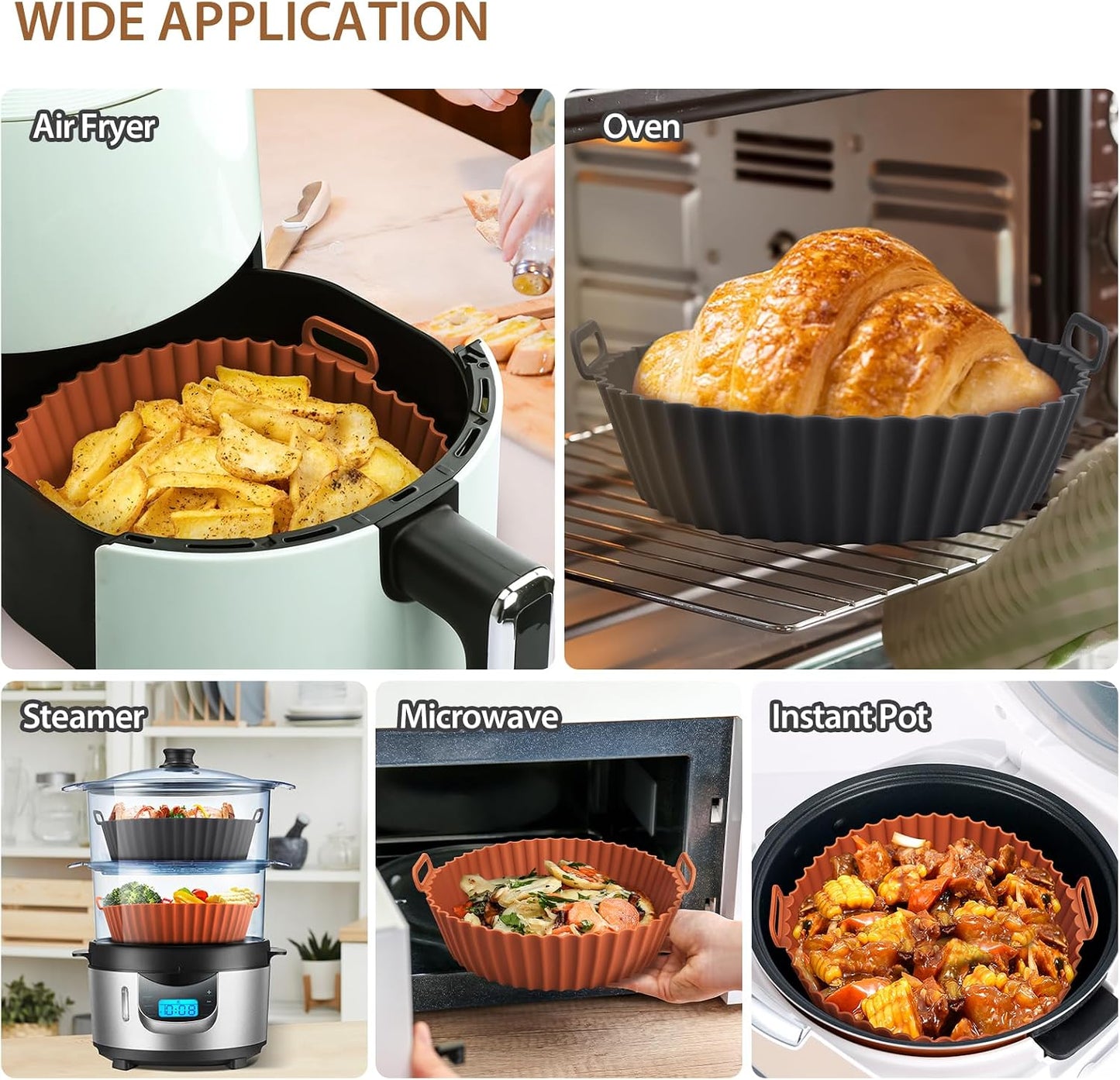2 Pack Air Fryer Silicone Liners for Ninja, Reusable Silicone Bowl Basket Fit for 3 to 5QT Air Fryer, Replacement of Flammable Parchment Paper, Baking Tray Oven Accessories (Top 8in, Bottom 6.8in)