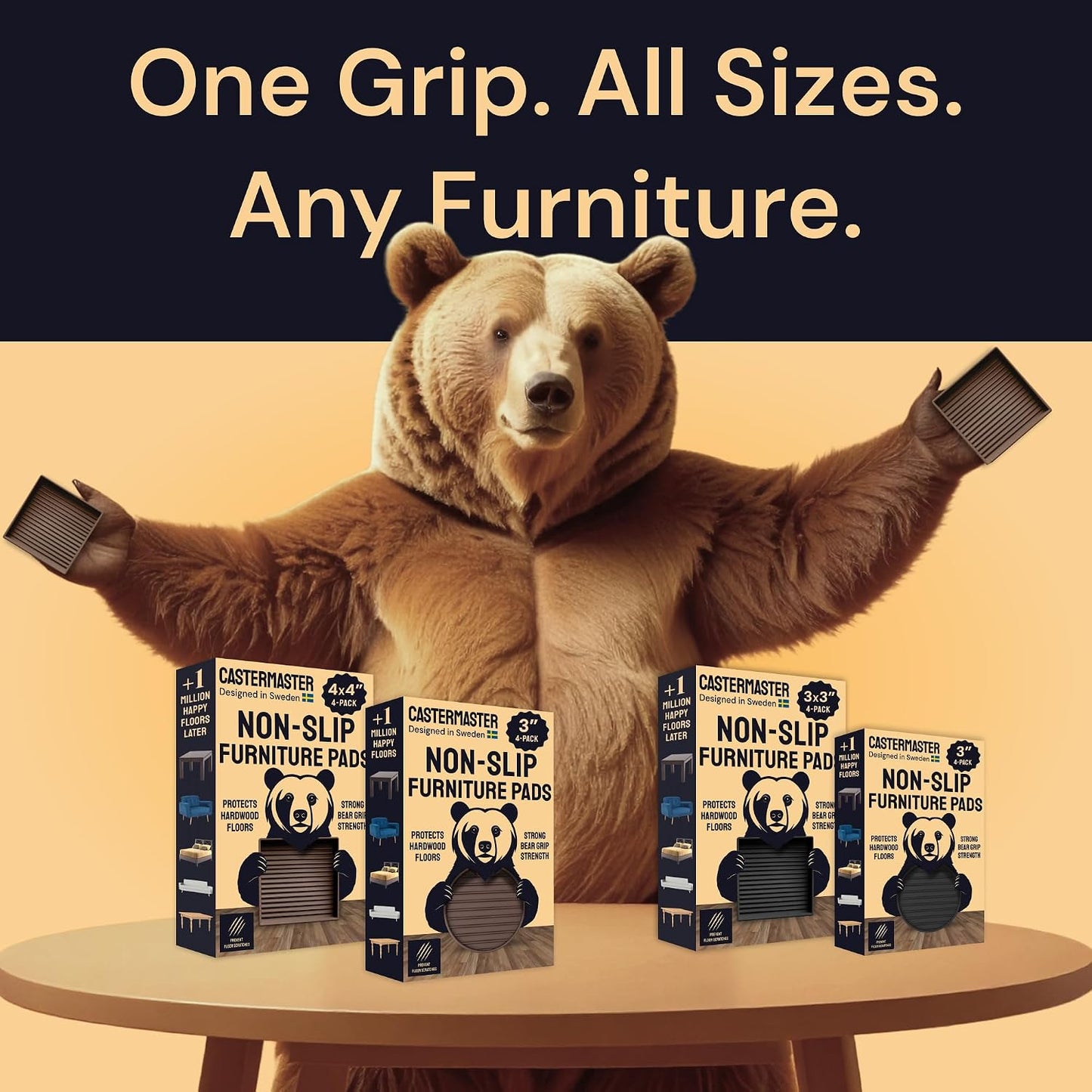 Non-Slip Furniture Pads - 4x4 in Brown, 4 Pack | Square rubber caster cups - anti-skid - Use for heavy sofas, beds & chairs on hardwood floors