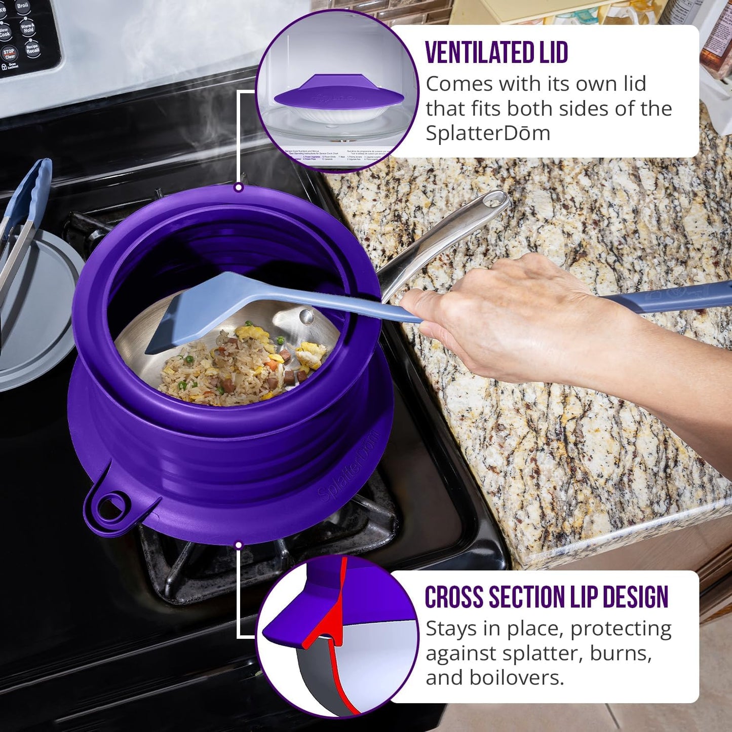 L.I.Q. Silicone Splatter Guard, Durable SplatterDom, Blue Steel, Large | 10 and 12 Inch Pots, 10'' Lid, Food and Oil Splash Guard for Cooking, Easy to Clean and Store, BPA-Free, Microwave Safe