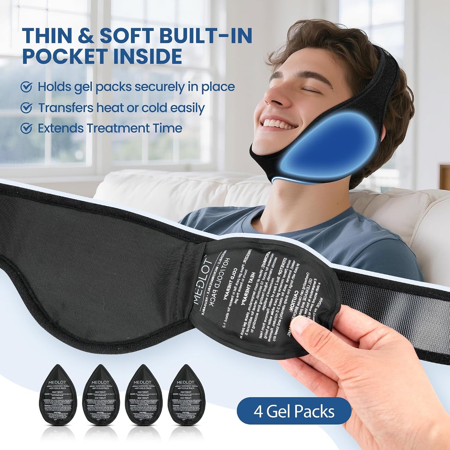 LotFancy Face Ice Pack Wrap for TMJ, Wisdom Teeth, with 4 Reusable Hot Cold Therapy Gel Packs, Pain Relief for Head, Oral and Facial Surgery, Dental Implants, Blue
