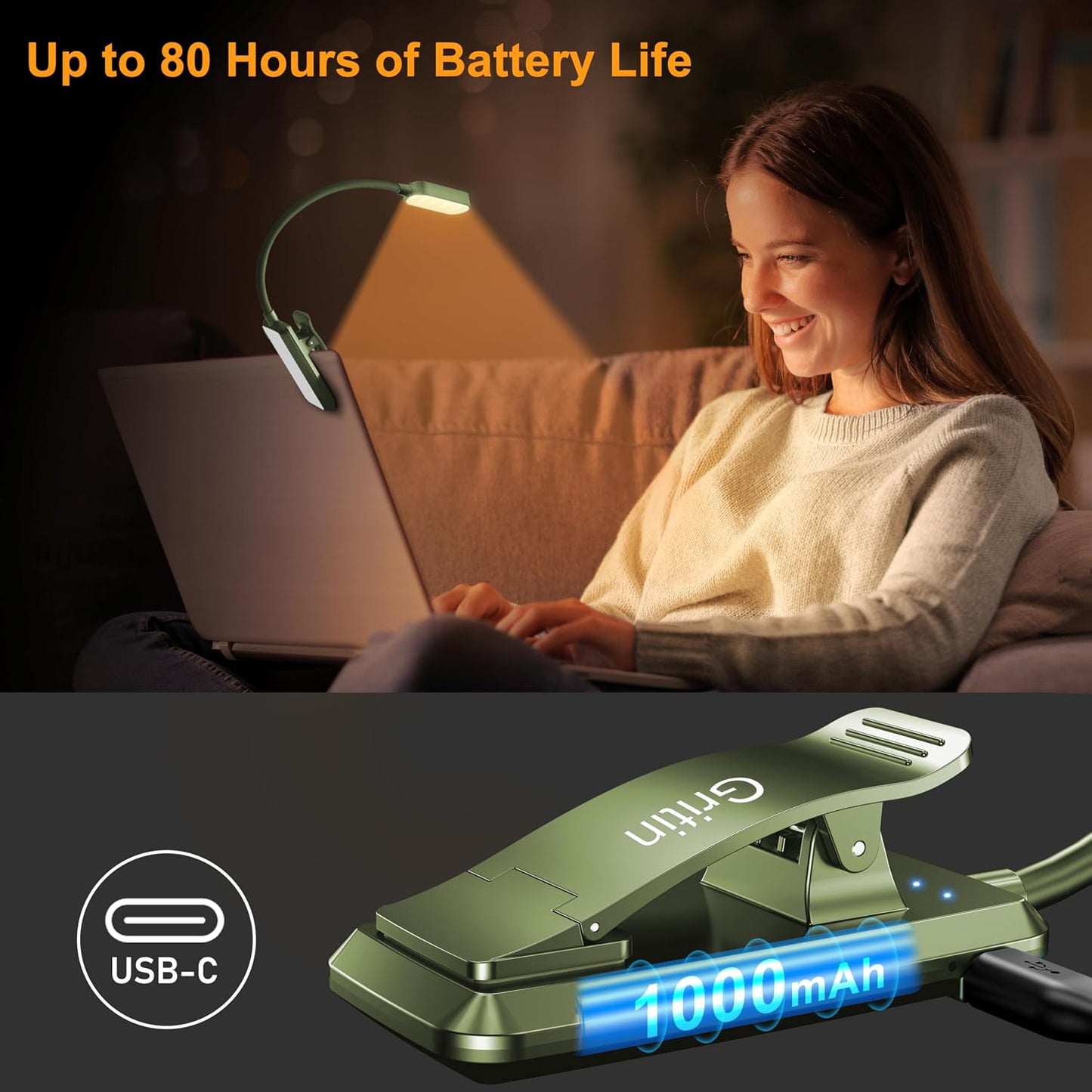 Gritin 16 LED Rechargeable Book Light for Reading in Bed | Eye Caring 3 Color Temperatures,Stepless Dimming Brightness,80 Hrs Runtime,Lightweight Flexible Clip on Light for Book Lovers