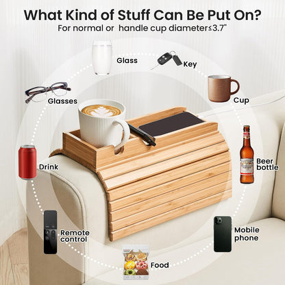GEHE Couch Cup Holder, Anti Falling Sofa Arm Tray, Natural Bamboo Sofa Cup Holder More Safe for Your Family, Portable Couch Arm Tray Armrest Table for Remote, Snacks, Drinks