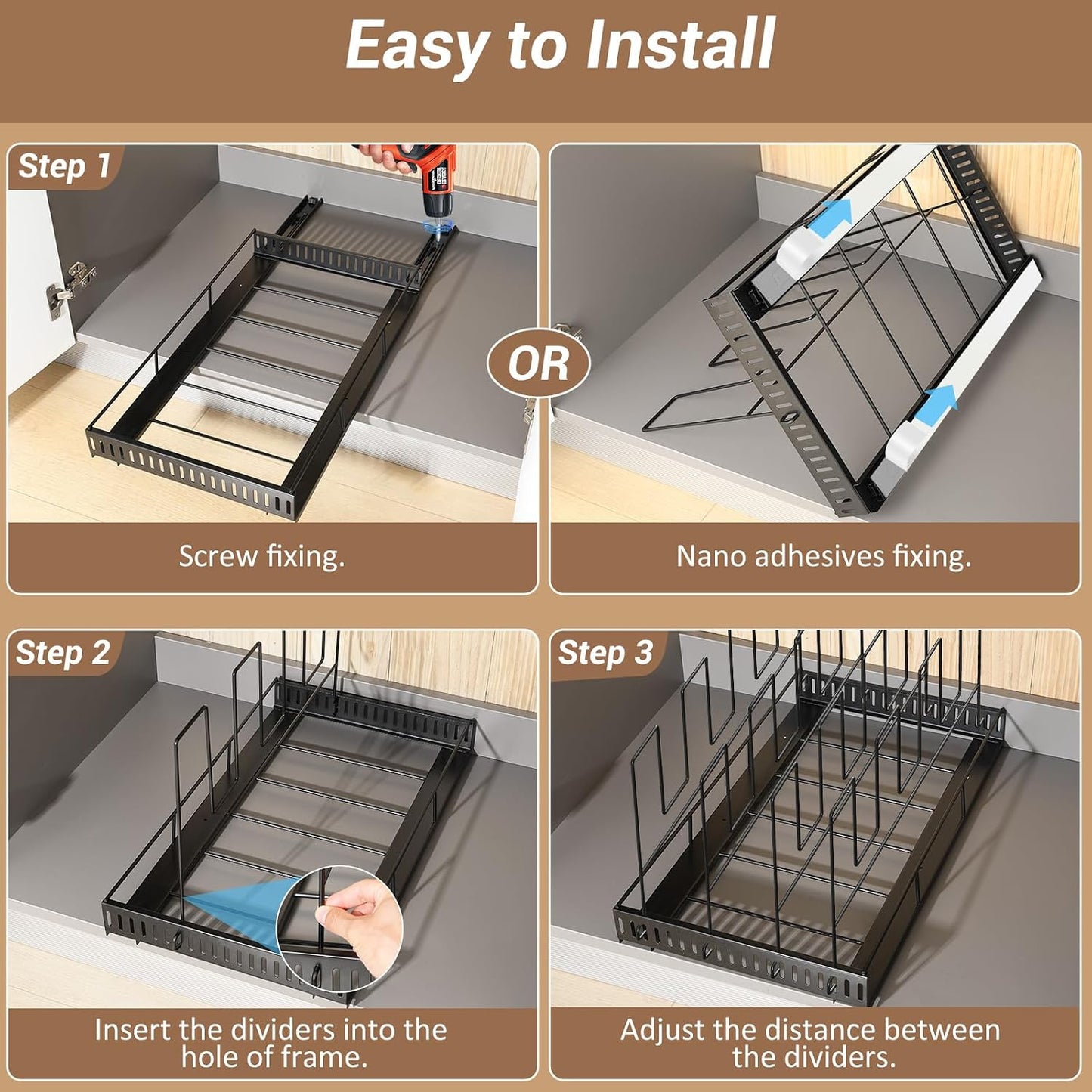 Housolution Pull Out Baking Tray and Cookie Sheet Cutting Board Organizer | 13"-22" Expandable, 21.5" Deep, 8 Adjustable Dividers, Sliding Rail Design, Sturdy Metal Structure, Adhesive/Screw Fixing