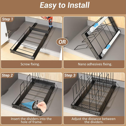 Housolution Pull Out Baking Tray and Cookie Sheet Cutting Board Organizer | 13"-22" Expandable, 21.5" Deep, 8 Adjustable Dividers, Sliding Rail Design, Sturdy Metal Structure, Adhesive/Screw Fixing