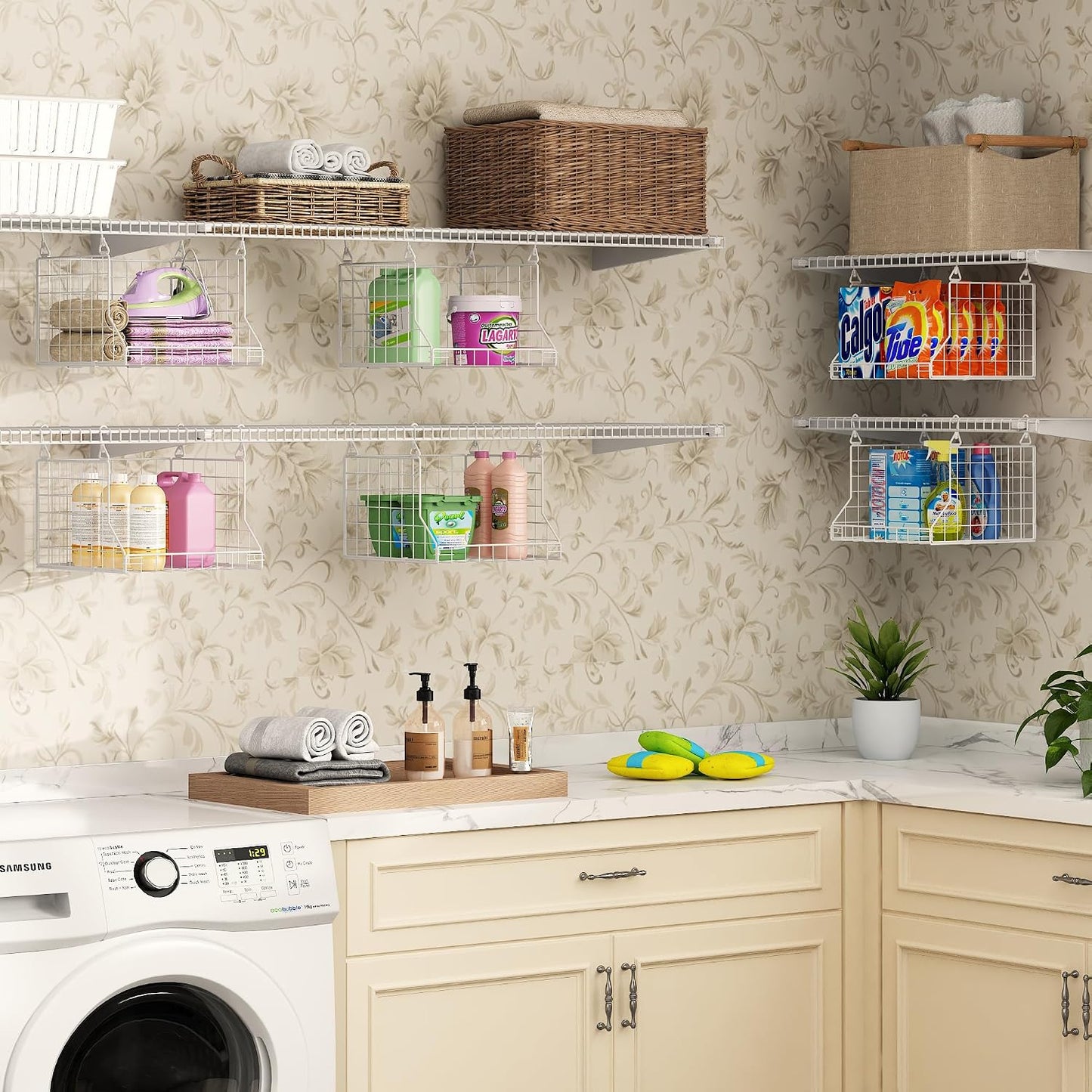 3-Tier Foldable Laundry Basket Organizer with Rotating Hooks(no wire shelf) | Space-Saving Over Washer and Dryer Shelf for Laundry Room Organization and Storage, Durable Wire Shelving Unit, White