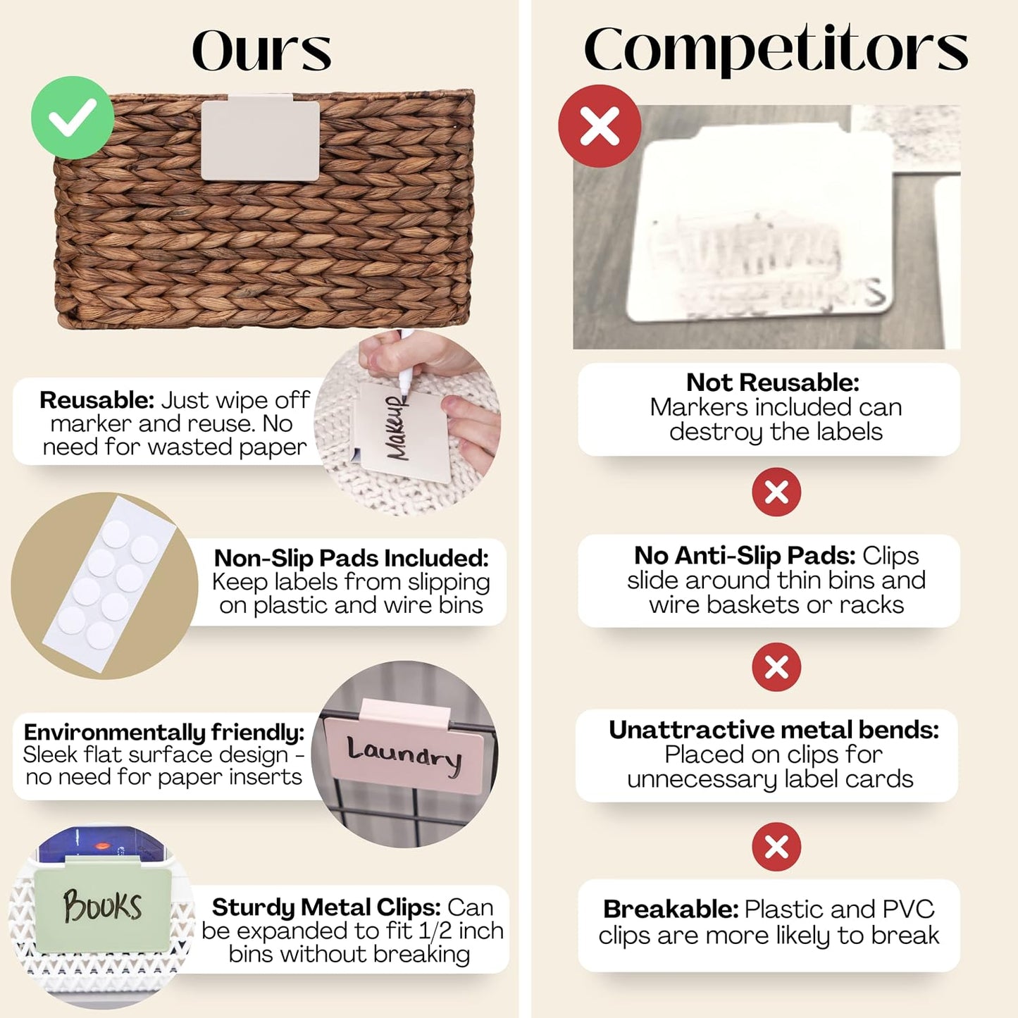 Hygge & Sage: Metal Non-Slip Basket Labels Clip On for Storage Bins, or Wire Racks | Includes 8 Labels, 8 Non-Slip Pads, and 1 Free Marker (Cream)
