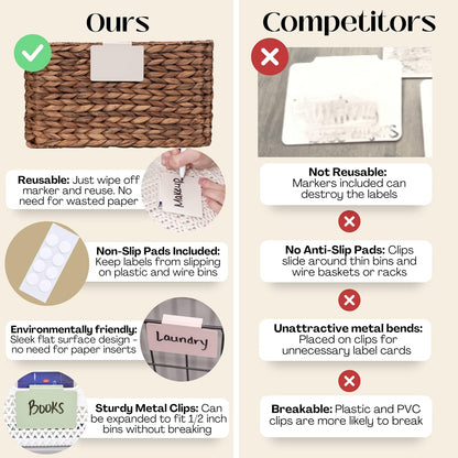 Hygge & Sage: Metal Non-Slip Basket Labels Clip On for Storage Bins, or Wire Racks | Includes 8 Labels, 8 Non-Slip Pads, and 1 Free Marker (Cream)