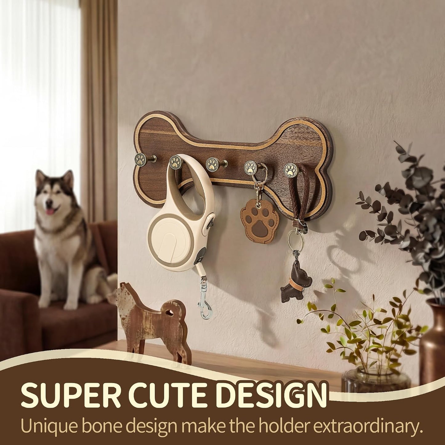 MTERSN Dog Leash Holder Wall Mount with 3D Paws Hooks, Distressed White | Bone-Shaped Dog Leash Holder for Wall, Leash Holder, 5 Dog Leash Hook, Pet Accessories Storage, Gift for Dog Lovers