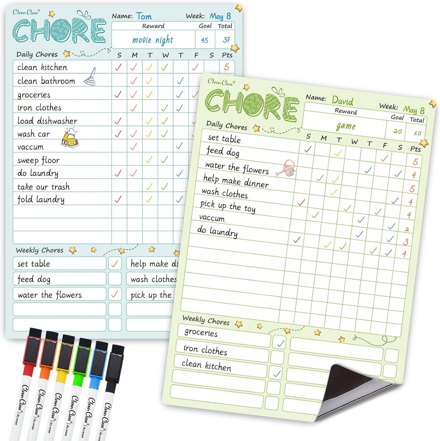 Magnetic Dry Erase Chore Chart - 8.5"x12" Behavior Responsibility Chore Board for Kids, Teenagers - 6 Extra Fine Point Markers Included - Shipped Flat 3 Pcs Blue Pink & Green