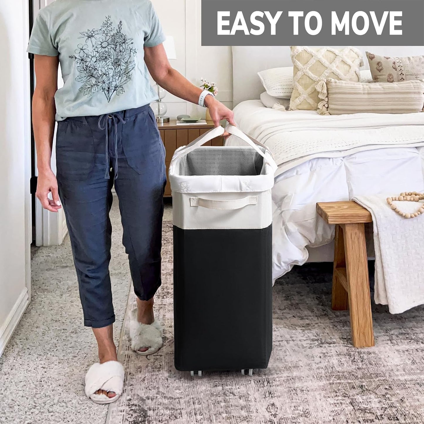 Goodpick 75L Laundry Basket with Wheels & Removable Wash Bag for Dorm | Rolling Laundry Basket with Handles for Dirty Clothes, Fodable Hamper for Laundry Room, Dorm Room Essentials, Grey