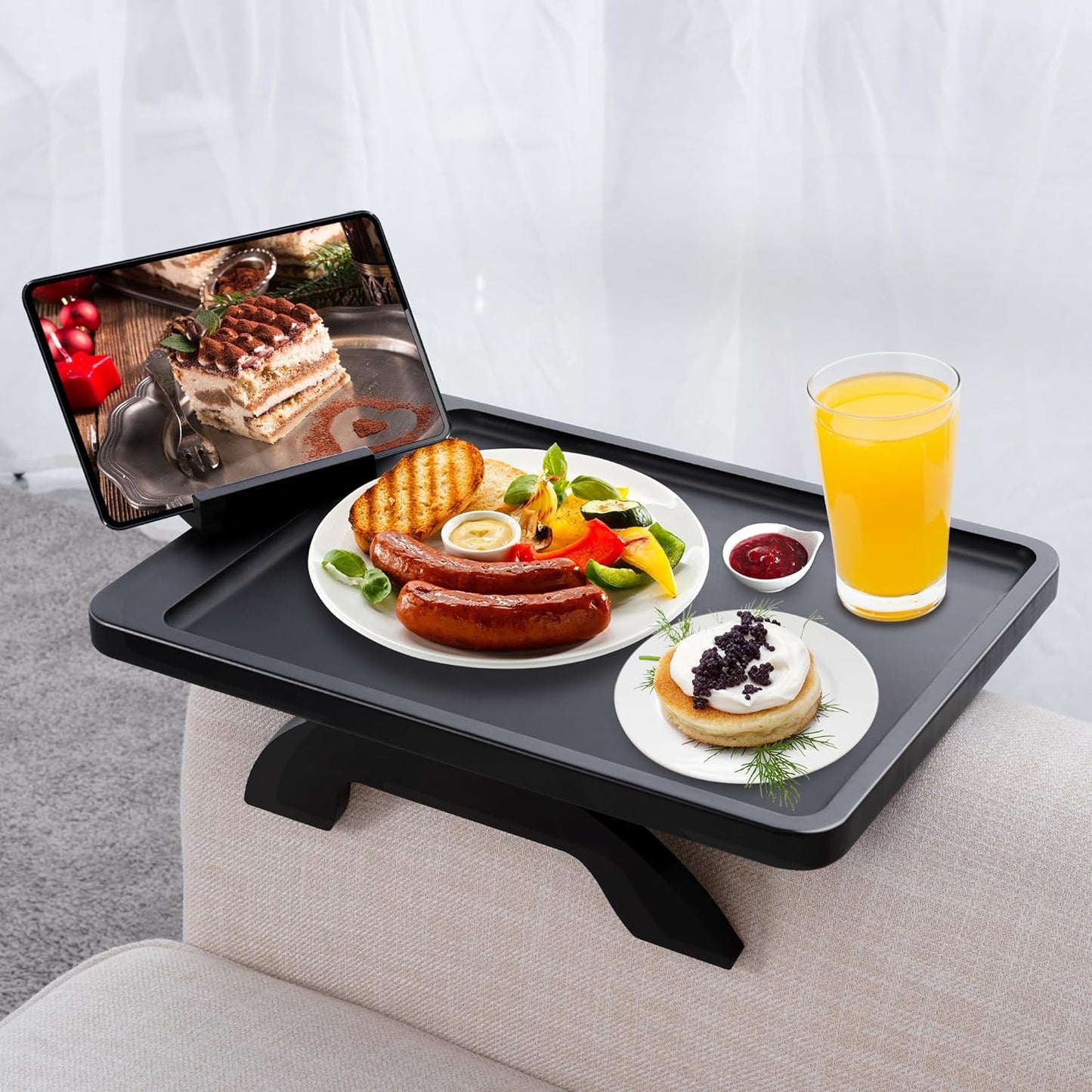 Couch Arm Tray,Bamboo Sofa Clip on Side Table,Foldable Couch Armrest Table with 360°Rotating Phone Holder,Anti Slip Food Trays for Eating/Drinks/Snacks/Remotes 15.35" x 9.85"