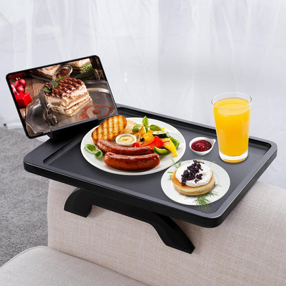 Couch Arm Tray,Bamboo Sofa Clip on Side Table,Foldable Couch Armrest Table with 360°Rotating Phone Holder,Anti Slip Food Trays for Eating/Drinks/Snacks/Remotes 15.35" x 9.85"