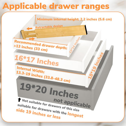 BAMEOS Bamboo Expandable Drawer Dividers – Fits 16.6"–22" Drawers, 2" High, Set of 4 | Spring-Loaded Bamboo Separator for Kitchen Island, Bathroom Vanity & Dresser Drawers