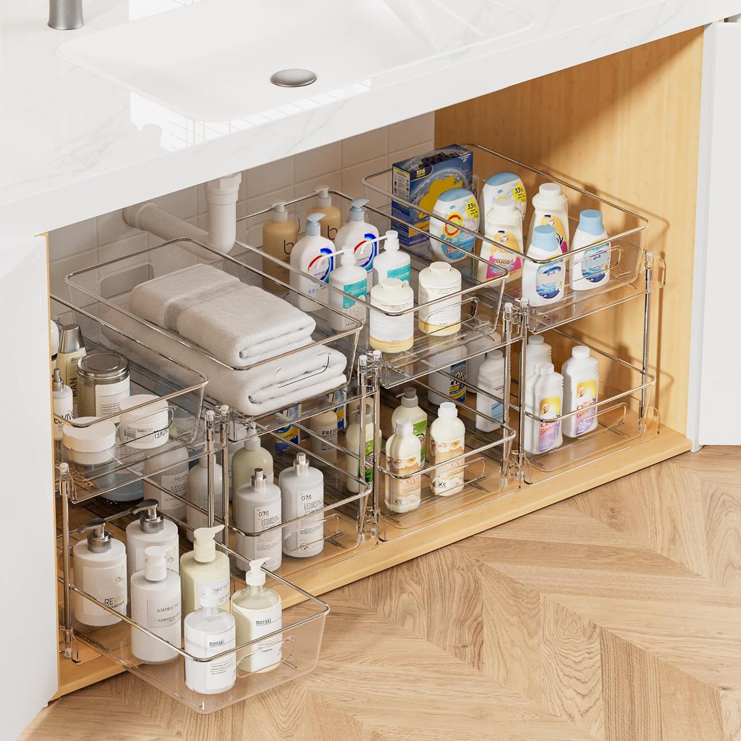 Vtopmart 2 Pack Pull Out Bathroom Under Sink Organizer (S-Standard) | Slide-out drawers, Multi-purpose storage, Clear visibility, Easy Set-up