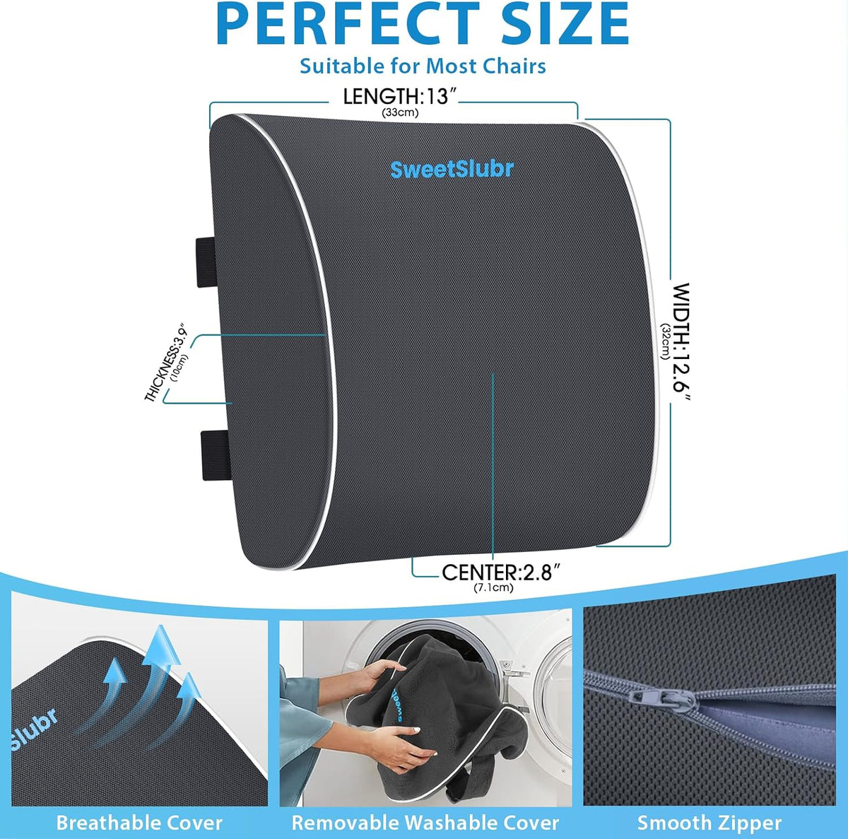 SweetSlubr Lumbar Support Pillow for Office Chair,Back Support(Black,Large)